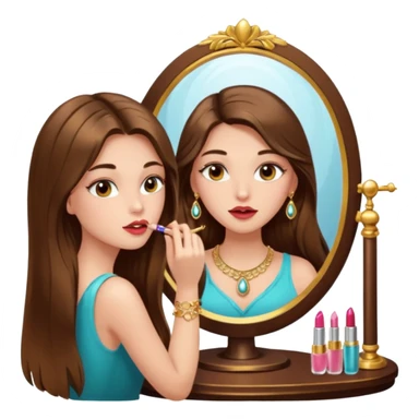 Girl with long brown hair, gold jewelry, and lashes, putting on lipgloss while looking in a mirror  sticker