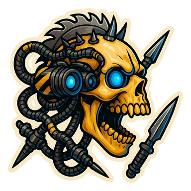 guns. try different melee weapons. put punk spikes on some surfaces. use other colors for the eyes like blue. the skull is screaming. . the skull should stay bone. make the jaw open extremely wide. wider than reality. profile view. 3/4 view. rear views. add some black and yellow warning stripes in sections. rear views! profile views! Mohawk made from a circular saw blade sticker