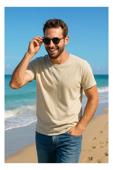 uomo passeggia a mare e si mette gli occhiali da sole sticker