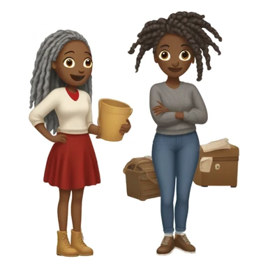 2 women, woman with gray locs, wearing pants , other woman is brown with red locs, in a knee-length dress with a cozy sweater, looking at antique items, shopping in yardsale sticker