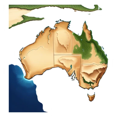 Outline and Landmass of Australia – Cinematic-realistic map of Australia, featuring its distinct coastline and iconic landmass shape. The deep blue ocean surrounds the golden-brown continent, with subtle topographic details highlighting its vast deserts, lush forests, and rugged coastline. A soft glow accentuates the edges, making the shape unmistakable. sticker