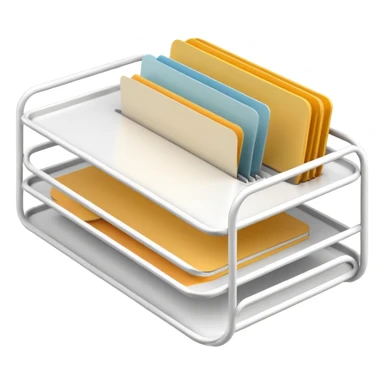 A minimal, clean emoji-style illustration of a white metal desk paper organizer tray, shown in slight isometric view so its structure is readable at a small scale. The organizer is rectangular with rounded corners, made of thin white metal wires, forming two to three stacked horizontal slots. sticker