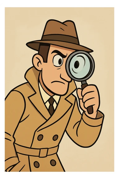 a detective in a trench coat, holding a magnifying glass up to one eye, classic sleuth look, cartoon style sticker