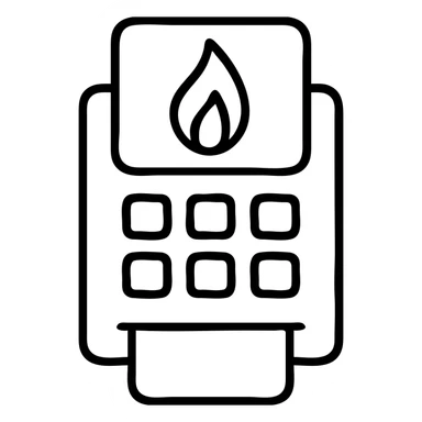 Gazprom Pay financial transaction icon with gas flame symbol and payment terminal sticker
