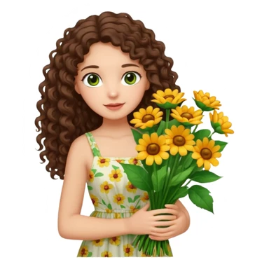 light skinned brunette long curly haired girl with green/hazel eyes holding big bright bunch of flowers. White background. sticker