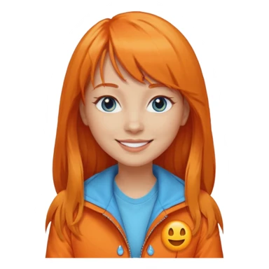 Create a custom emoji-style character inspired by a smiling woman with long orange hair and bangs, light skin tone, light blue eyes, and wearing an orange jacket sticker