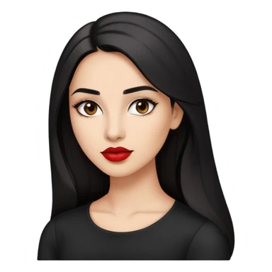 Confident young woman with oval face, elegant features, dark brown eyes, arched eyebrows, red lipstick, light brown skin, long black hair, wearing a black top sticker