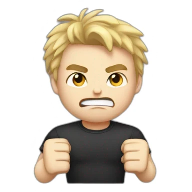 light haired angry young man in dark t-shirt with both fists clenched to his forehead sticker