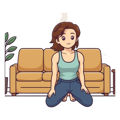 One Caucasian woman with brown hair big boobs wearing pants and a tank top, kneeling on the ground next to a couch with a bald man sitting on it.  sticker