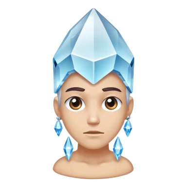 A single crystal character inspired by a clear quartz cluster, chunky base with many tall transparent crystal spikes growing upward all around it with a face sticker