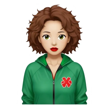 Han Mi-nyeo : Age: Late 40s
Appearance: A middle-aged woman with frizzy, messy brown hair and dramatic red lipstick.
Outfit: Green player tracksuit sticker