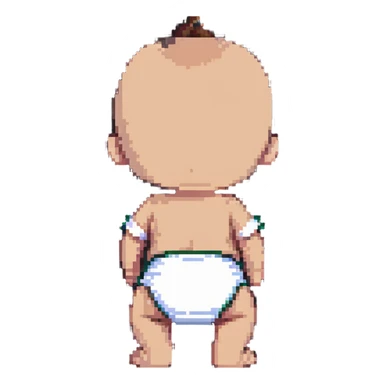 baby standing with back facing, wearing a diaper sticker