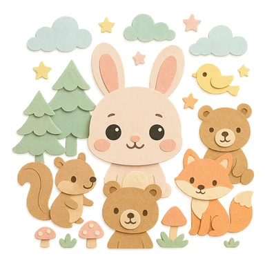 high-quality paper craft style illustration of soft pastel bunny (round baby face, big sparkling eyes, pink blush), surrounded by squirrel, bear, fox, and bird, in a soft pastel green forest with dreamy clouds, pastel stars, mushrooms, hand-crafted paper look, high resolution sticker