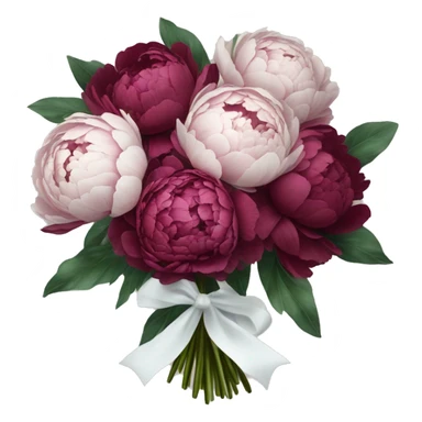 Big bouquet of burgundy peonies with a white satin ribbon sticker