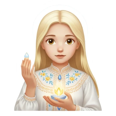 Young Ukrainian girl with blonde hair wearing a traditional white embroidered shirt (vyshyvanka) gently holding a glowing ethereal light representing the soul in her hands sticker
