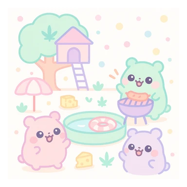 Discord server icon, square format, summer pool cookout with up to 3 kawaii hamsters laughing and having a good time, weed leaves, cheese, THC theme, no disco ball, no Discord logo, near a treehouse, possibly in space, soft colorful palette, nostalgic, fun, inviting, summer party vibe, clear composition sticker