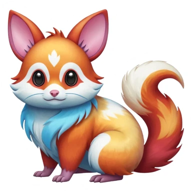  Shiny iridescent light warmly colored reddish-orange-gold-gradients vibrant bioluminescent colorful pastel flourishing flurry fuzzy Absol-Minccino-Furret-Zangoose-Chinchilla-Stitch-fusion-animal-Fakémon-hybrid-creature, by griffsnuff sticker