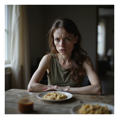 hyperrealistic 4K image of a thin woman with sunken cheeks and dark circled eyes, anxious and stressed expression, sitting at a table in a domestic environment with a small meal, natural light, detailed sticker