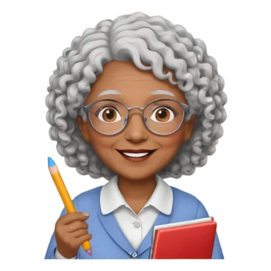 old woman teacher, brown skin, curly grey white hai, wearing glasses, hold chalk on hand sticker