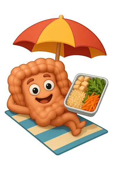 EMOJI STILE IPHONE DI INTESTINO IN SPIAGGIA SU UNA SPIAGGINA SOTTO L'OMBRELLONE CON IN MANO UNA SCHISCETTA DI Insalata di quinoa e pollo con rucola e carote, iperrealistica 4k sticker
