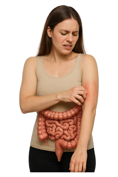 donna con intestino umano anatomico realistico che si gratta il braccio su cui ha un'eritema, iperrealistica 4k sticker