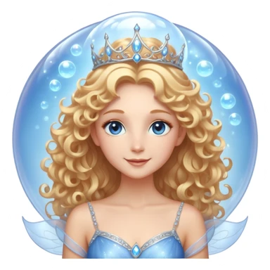 Elegant fairy with golden-blonde curls, a delicate silver crown, and sparkling blue eyes. She wears a shimmering light blue gown with a layered, ethereal design. Surrounded by a glowing, translucent bubble, radiating warmth and magic, with a bright, confident smile. sticker