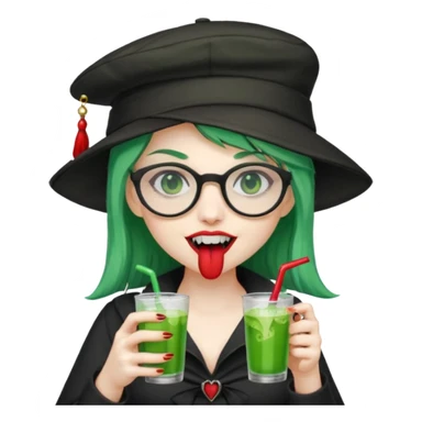 vampire green hair Drink holders with hat, wearing glasses, female,,teeth looks like vampire sticker