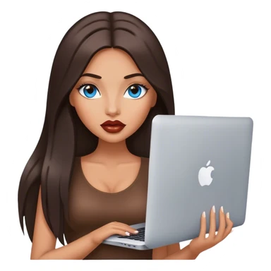 Glamours tanned very beautiful girl with big pump lips and dark chocolate straight smooth long hair, blue-grey eyes with MacBook sticker