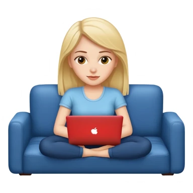 A white girl is lying on a sofa with a laptop sticker