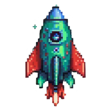 rocket ship with green to red gradient, pixel art style sticker