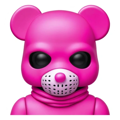 Bearbrick figure with KAWS-style X eyes, wearing a neon pink ski mask balaclava covering most of the face except for the X eyes sticker