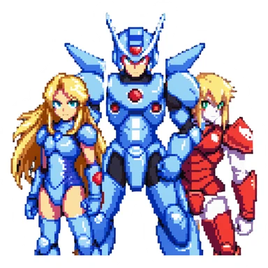 Megaman X in blue armor, Zero with long blonde hair and red armor, and Sigma with a scar, as friends posing together sticker