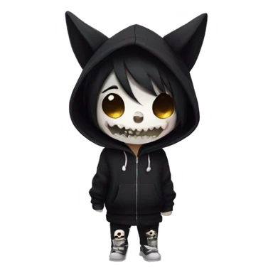 Kuromi wearing black hoodie with skull mark sticker
