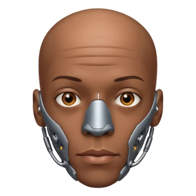 bald black man, vertical half of his face fully covered in cyborg augmentations sticker