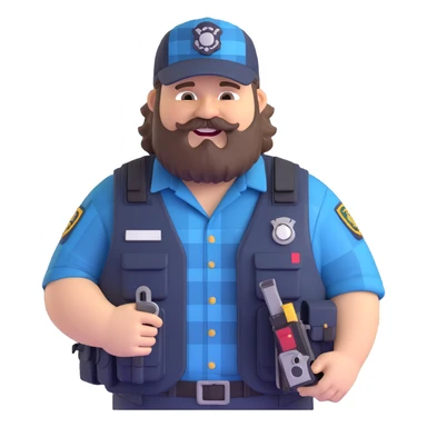 chubby federal agent with buck teeth tactical vest full of gadgets redneck appearance trucker hat plaid shirt scruffy beard 3D humorous style sticker