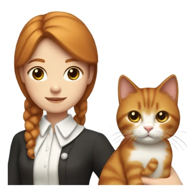 A girl with chestnut hair and a light parting holds a ginger cat with a white collar in her arms sticker
