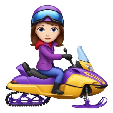 Brown hair, very blue eyes, Woman wearing a Very red coat  on purple and yellow striped snowmobile sticker