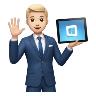 A stylized 3D emoji icon of a charismatic young male presenter on a stage, holding a tablet and gesturing enthusiastically towards a large screen behind him. The screen displays a glowing, futuristic Microsoft logo (the four squares) sticker