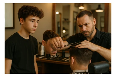 sartaroshxonada ishlayotgan o'smirin bola usta soch olayotganini kuzatib turibdi sticker