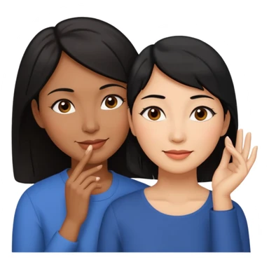 Middle aged brown woman with black hair, beside a middle aged asian woman with dark brown hair touching their cheek sticker