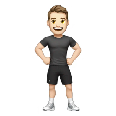 Joyful Celebrating victory Pale skinned Fit Man With the biceps and dark brown hair in black shirt, gray sports shorts and white Sneakers sticker