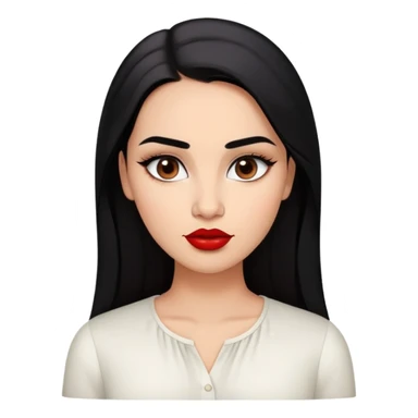 Young fuller-figured woman with oval face, high cheekbones, brown skin, dark brown eyes, thick eyebrows, red lipstick, long straight black hair, slightly plump, wearing a white blouse sticker