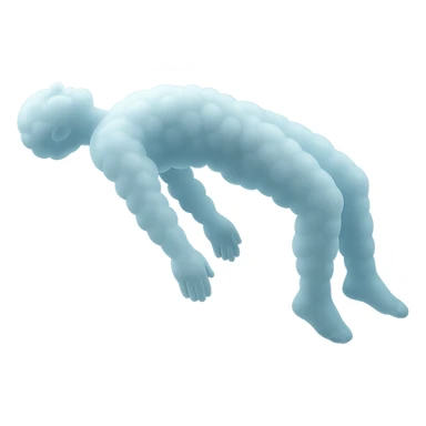 side view of a person unconscious, flying upwards by the torso, legs and arms downwards, made of small very bright white fluffy convex clouds, matte glass style sticker