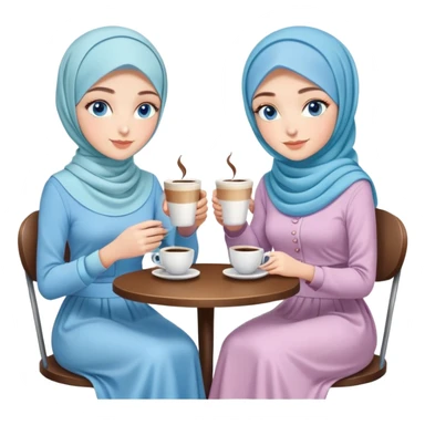 Turkish beautiful finish Konya girls blue eyes with pastel hijab long tail dress and the two friends in a coffeehouse sits on the chair on the ground and holds cup coffe with her hand  sticker