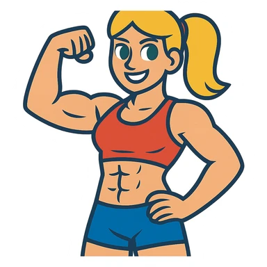 full body pose of a muscular white girl with blonde hair and green eyes, flexing 6 pack abs and one arm bicep sticker
