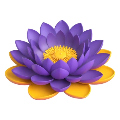 Realistic deep purple lotus flower with detailed layered petals and yellow stamens, floating on authentic lotus pad with characteristic notch and bowl shape sticker