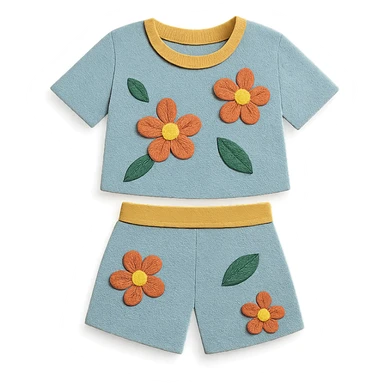 illustration of a women's short and tee shirt set with a floral pattern in paper-craft style sticker