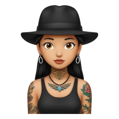 girl have tattoo on her full neck and full body with black hat sticker