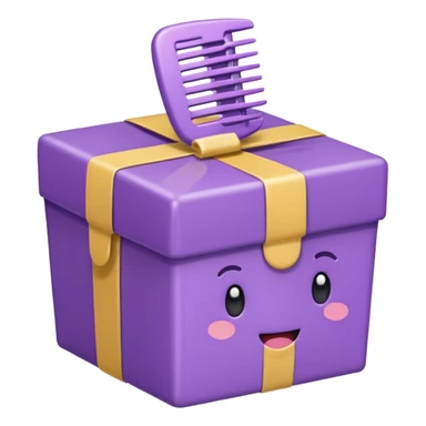 Kawaii emoji illustration of a purple gift box with a comb inside, chubby proportions, glossy finish, pastel colors, soft shading, adorable style, simple and clean design, transparent background sticker