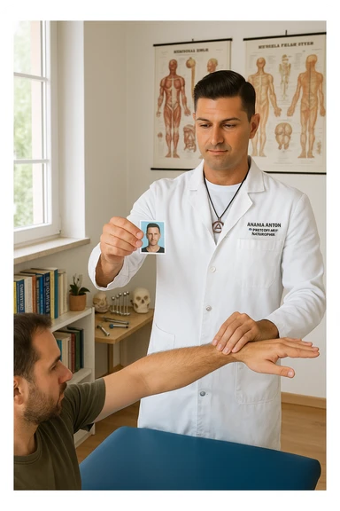 a middle-aged man, dressed in casual professional attire, is in a bright, organized therapy studio. Durante una visita di kinesiologia, il ragazzo tiene con una mano la foto di una persona lontana (il “testimone”) tiene la foto in mano, mentre con l’altra mano esegue un test muscolare su un cliente presente senza foto. Sullo sfondo si vedono libri di kinesiologia, poster anatomici e strumenti tipici della disciplina. L’atmosfera è concentrata e serena, con luce naturale che entra dalla finestra, sottolineando l’aspetto alternativo e umano della pratica. sticker